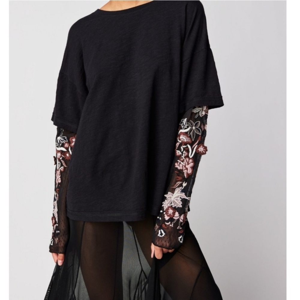 Free People Black Long Sleeve Tee with Floral Embroidery